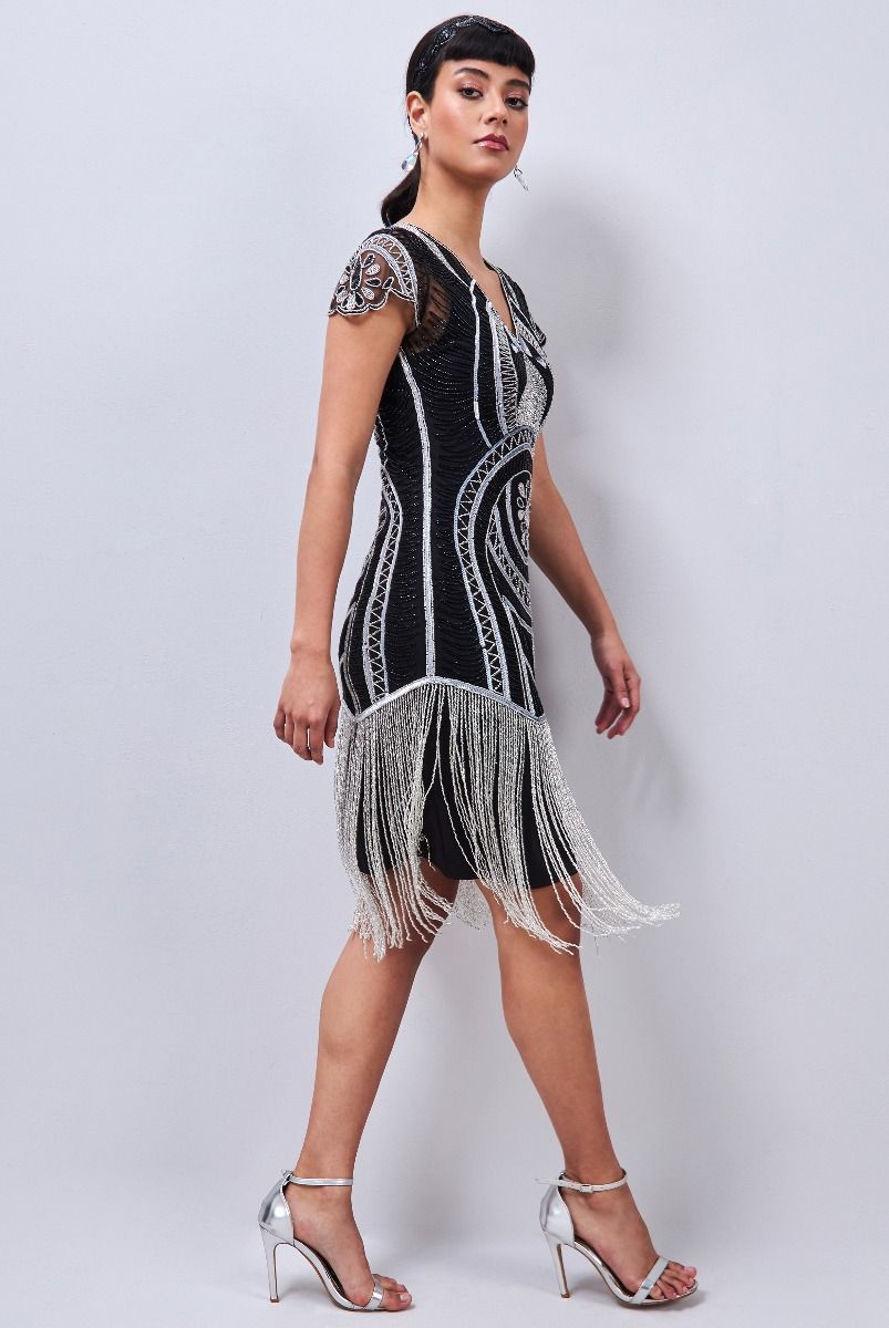 Mary Art Deco Fringe Dress in Black Silver by Gatsby Lady – WardrobeShop