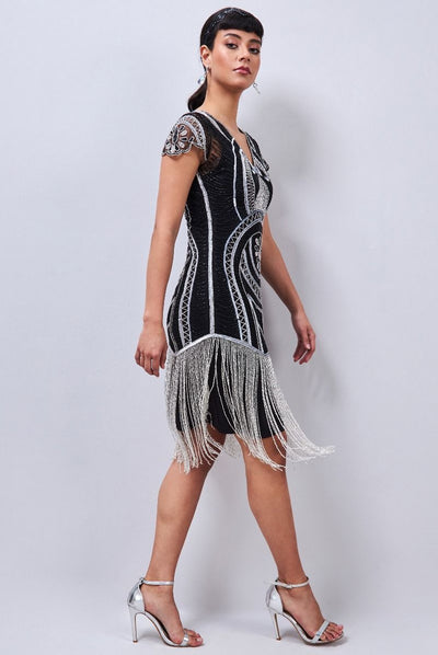 Mary Art Deco Fringe Dress in Black Silver