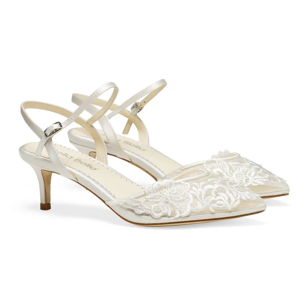 Mina Floral Lace Low Heel Shoes in Ivory by Bella Belle Shoes