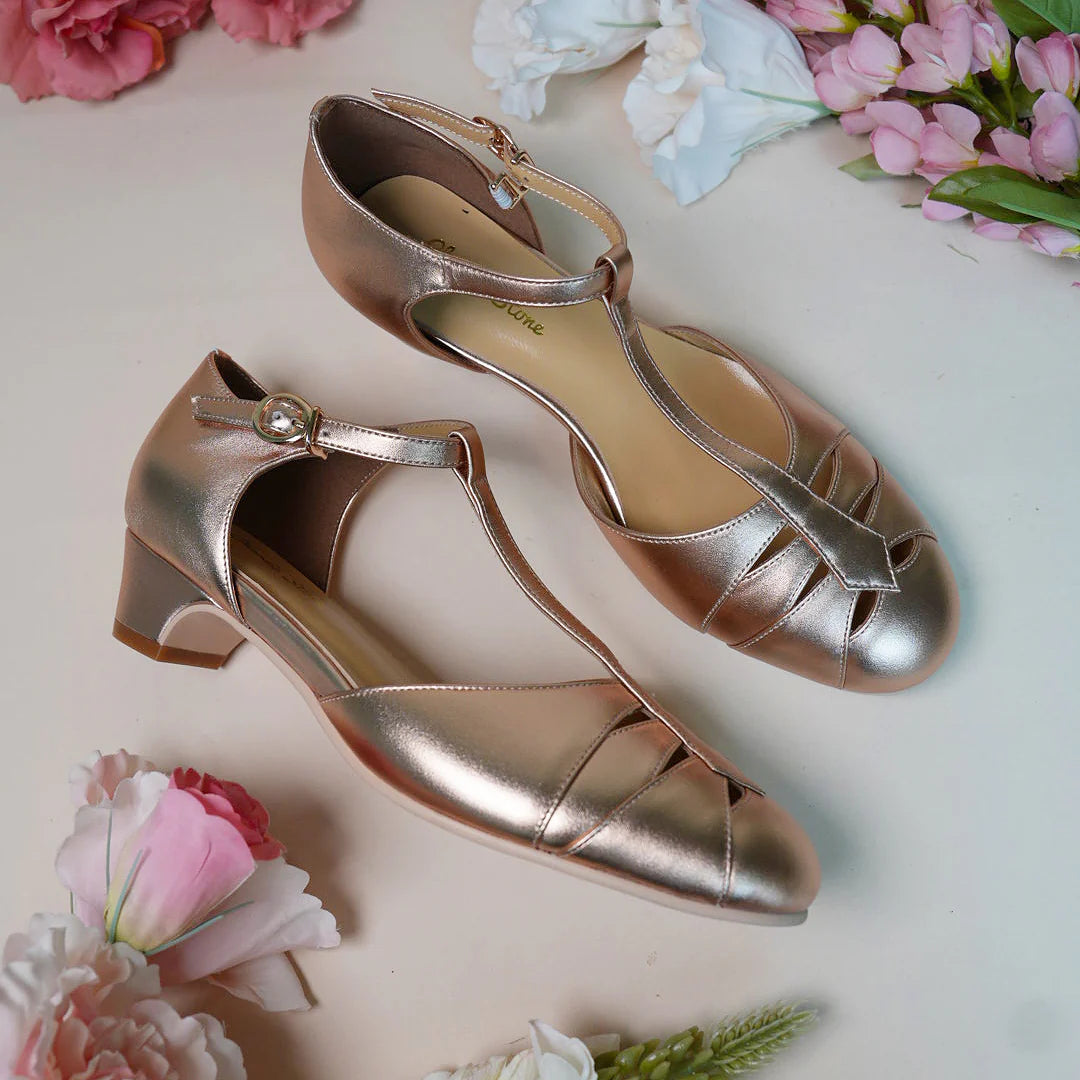 Monaco 1920s Style T-Bar Heels in Rose Gold by Charlie Stone 6 / RoseGold
