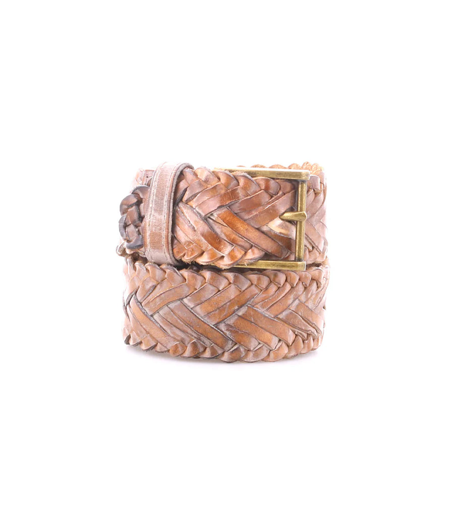 Proem Braided Belt in Tan Rustic — hand-braided leather belt with Western-inspired texture and antique brass buckle