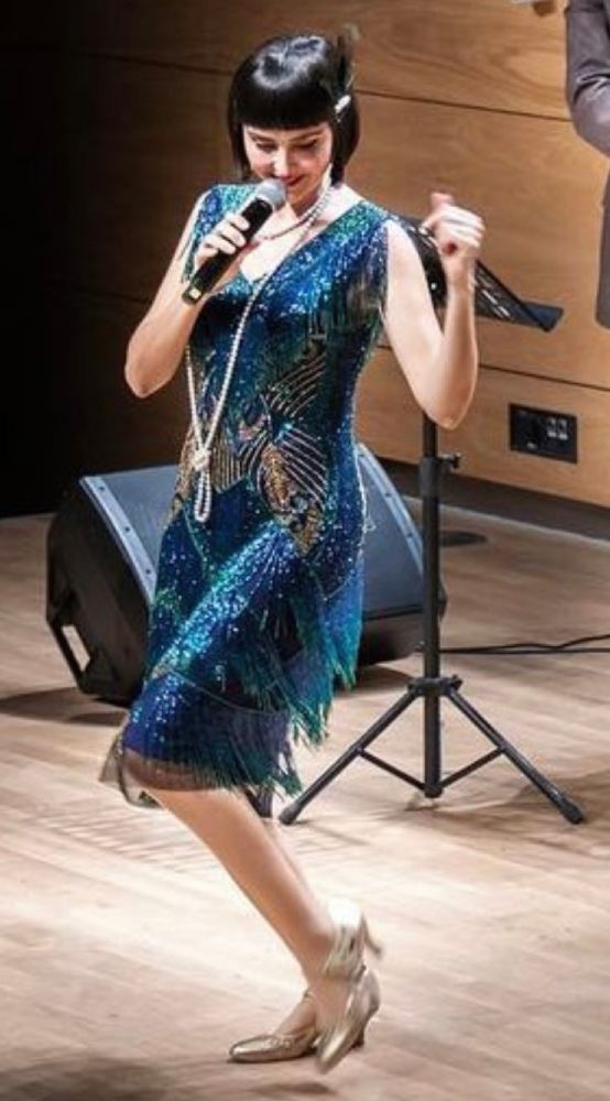 Rita Beaded Fringe Peacock Flapper Dress in Navy by Gatsby Lady L Blue