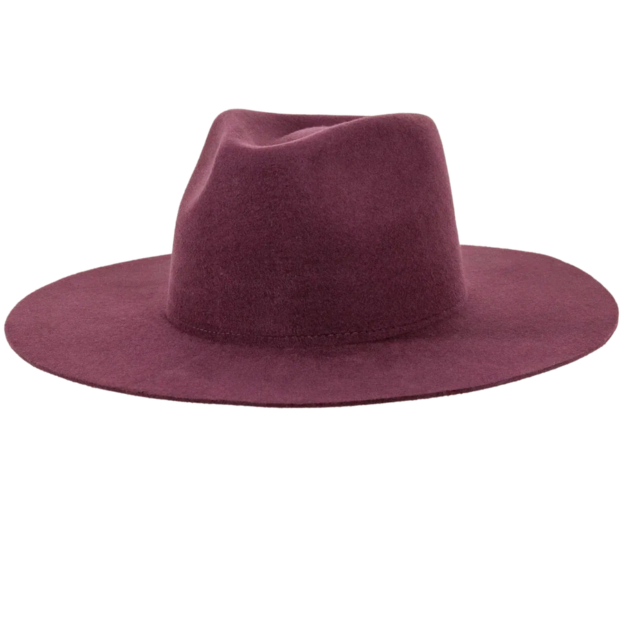 Wide brim plum felt fedora for women — timeless rancher silhouette and deep tone.