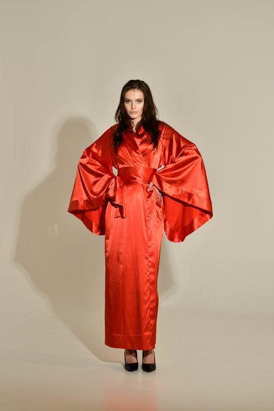 Asiatic Red Silky Kimono Robe in Red