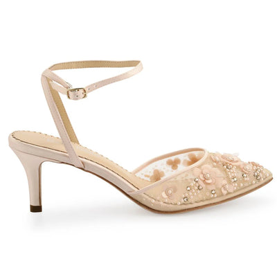 Rosa Floral Pearl Beaded Wedding Low Heels in Blush by Bella Belle Shoes