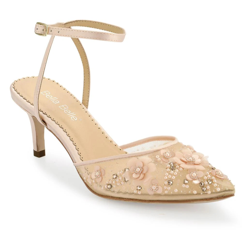 Rosa Floral Pearl Beaded Wedding Low Heels in Blush by Bella Belle Shoes