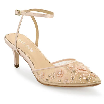 Rosa Floral Pearl Beaded Wedding Low Heels in Blush by Bella Belle Shoes
