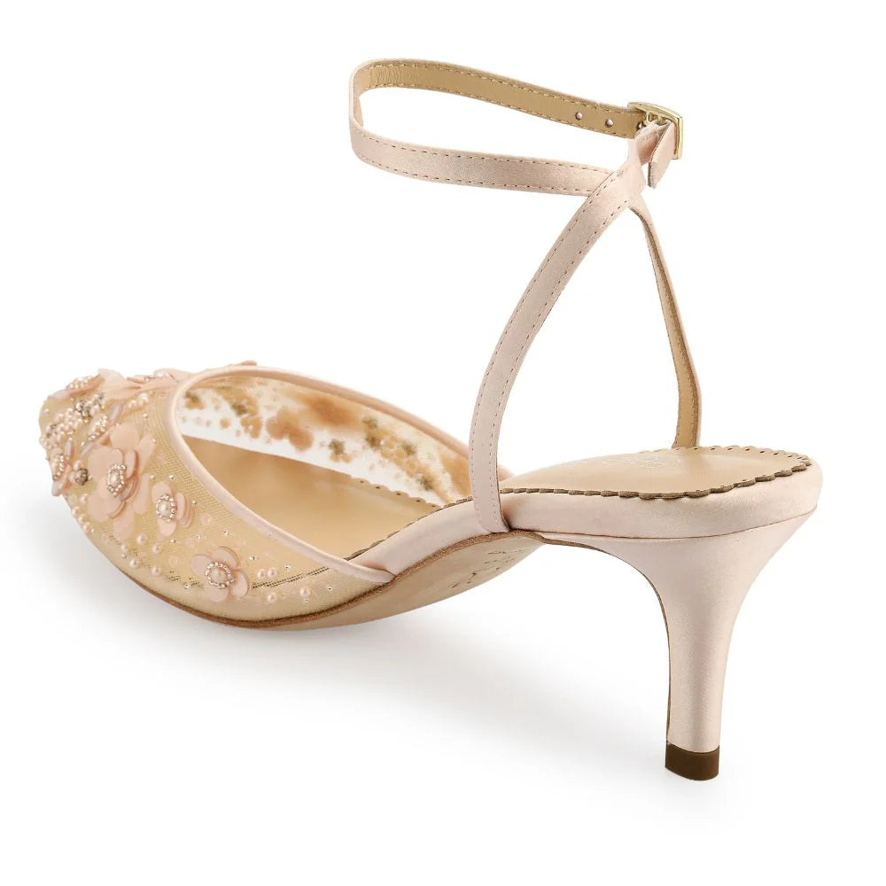 Rosa Floral Pearl Beaded Wedding Low Heels in Blush by Bella Belle Shoes