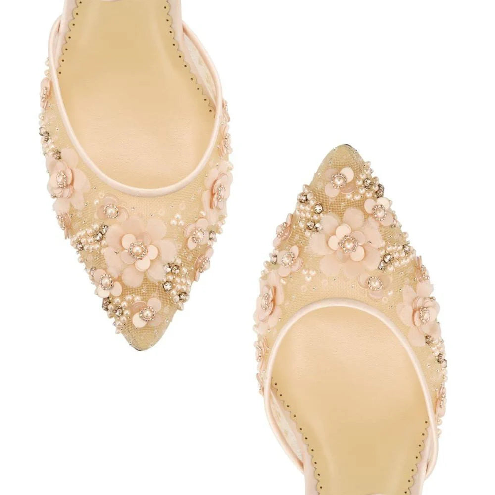 Rosa Floral Pearl Beaded Wedding Low Heels in Blush by Bella Belle Shoes