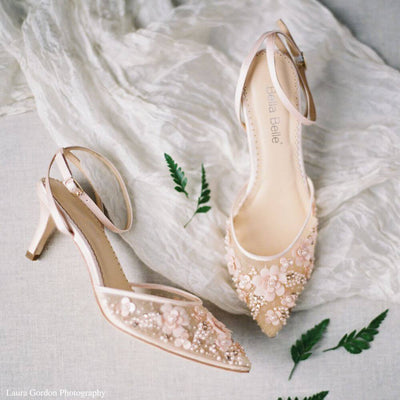 Rosa Floral Pearl Beaded Wedding Low Heels in Blush by Bella Belle Shoes