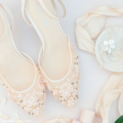 Rosa Floral Pearl Beaded Wedding Low Heels in Blush by Bella Belle Shoes