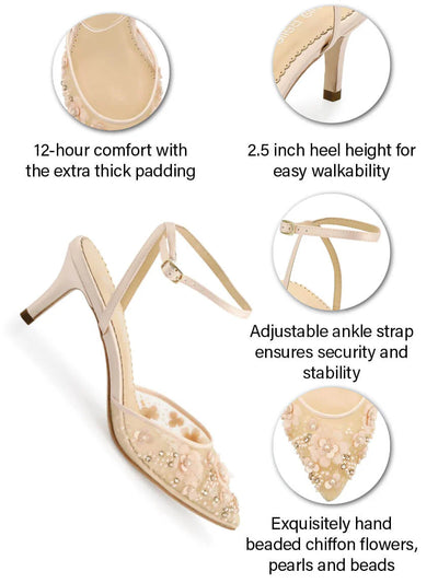 Rosa Floral Pearl Beaded Wedding Low Heels in Blush by Bella Belle Shoes