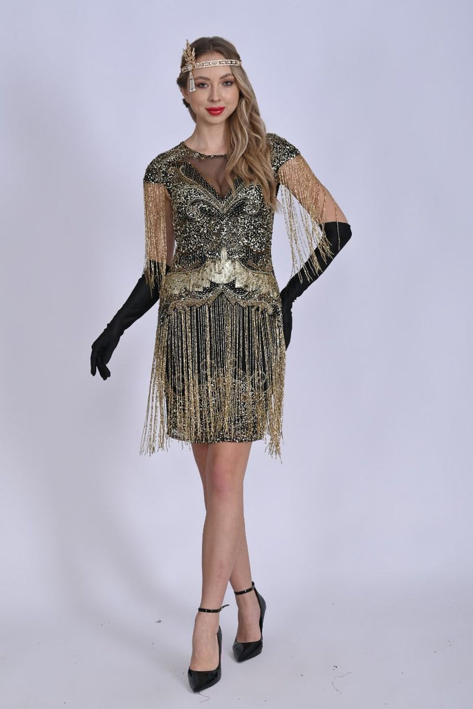Sybill Fringe Flapper Dress in Black Gold L / Black