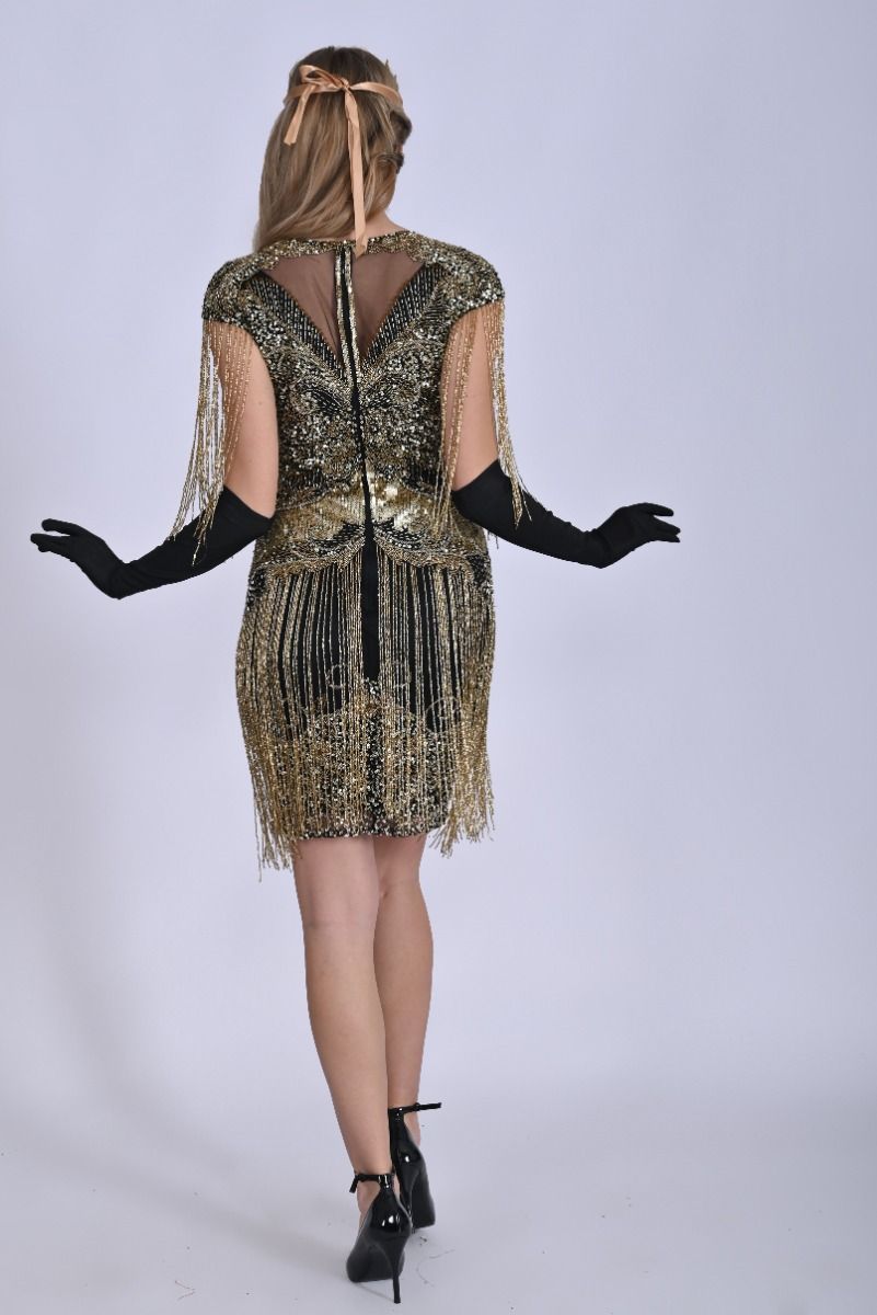 Sybill Fringe Flapper Dress in Black Gold – WardrobeShop