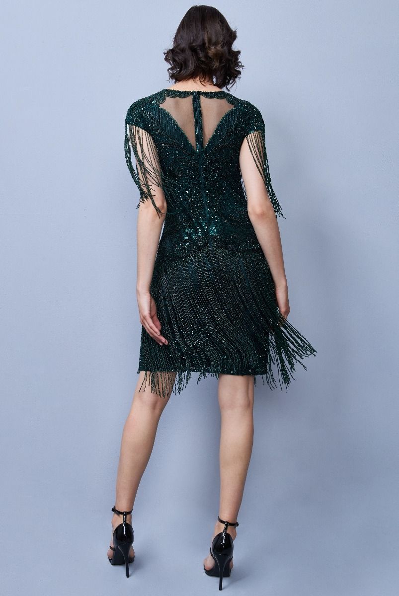Sybill Fringe Flapper Dress in Green by Gatsby Lady M / Green