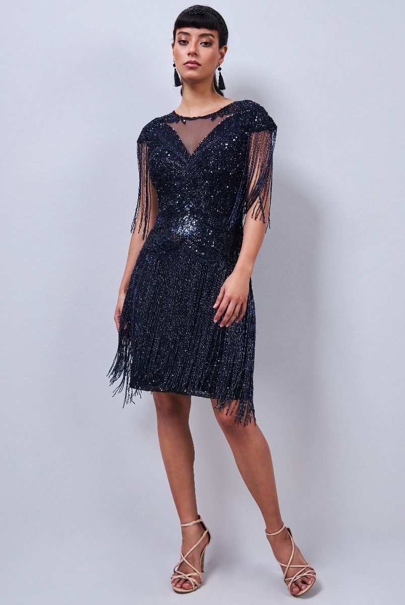 Sybill Fringe Flapper Dress in Navy