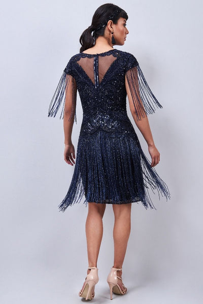 Sybill Fringe Flapper Dress in Navy