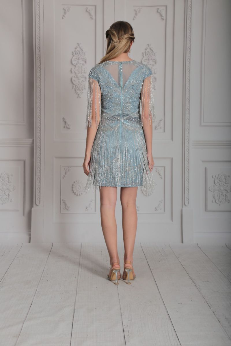 Sybill Fringe Flapper Dress in Ice Blue