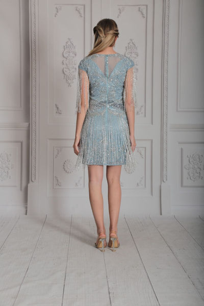Sybill Fringe Flapper Dress in Ice Blue