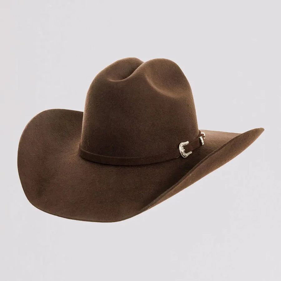 Front angled view of the Cattleman Chocolate Brown Felt Cowgirl Hat showcasing the decorative buckle hatband and classic country cowgirl design
