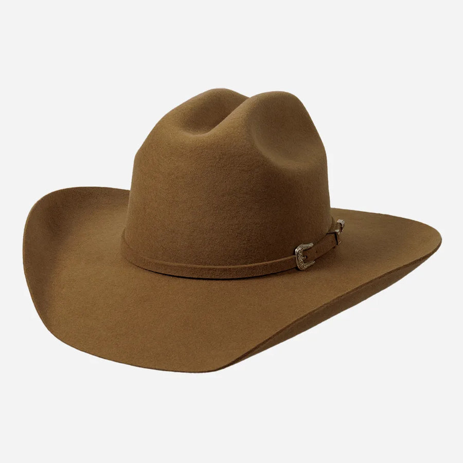 Three-quarter front view of the Cattleman Fawn Felt Cowgirl Hat showcasing the fawn felt finish, decorative buckle band, and bohemian western style silhouette