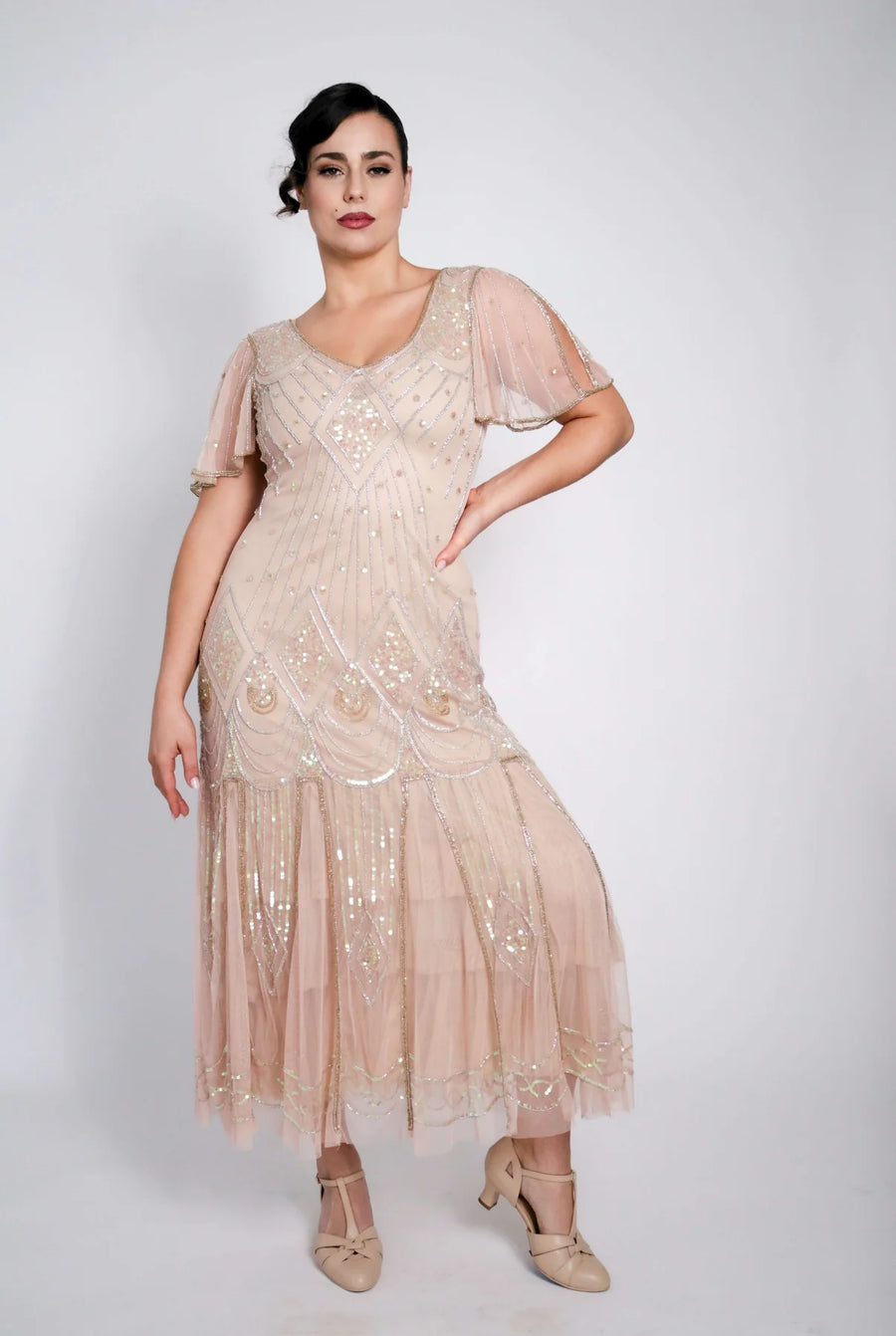 Colette Deco Beaded Dress in Nude Blush-Skin