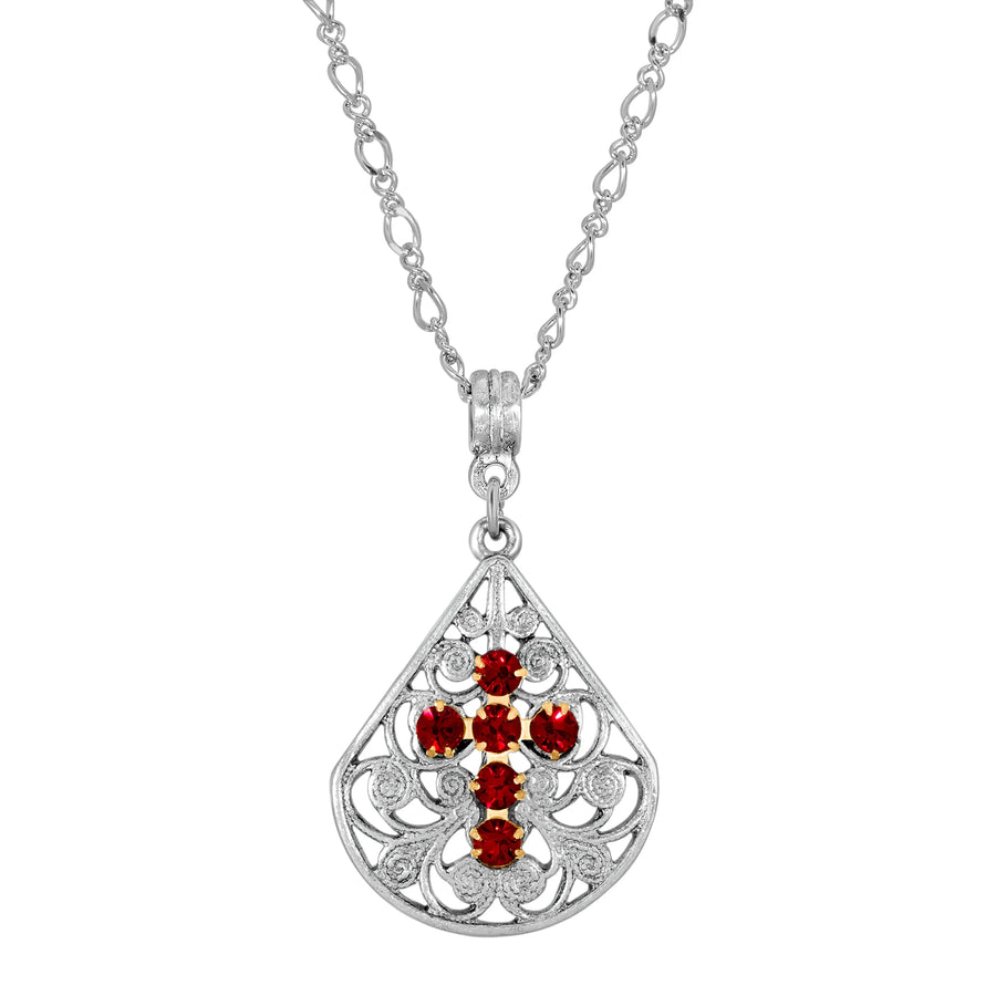 Red Crystal Cross Filigree Teardrop Pendant Necklace featuring sparkling red crystal accents in a cross motif within an ornate silver-tone filigree teardrop pendant, inspired by vintage Victorian jewelry elegance