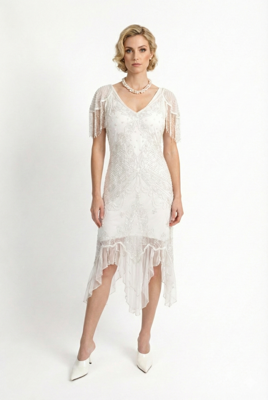 Florence Roaring 20s Beaded Dress in White front view, Great Gatsby inspired beaded dress with fringe sleeves, knee-length hem and intricate 1920s flapper detailing