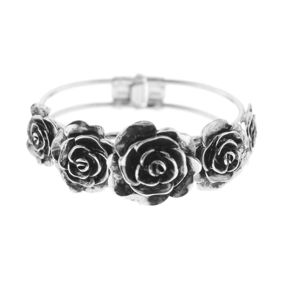 Silver Rose Flower Cuff Bracelet featuring detailed silver-tone rose blooms and a vintage-inspired floral design