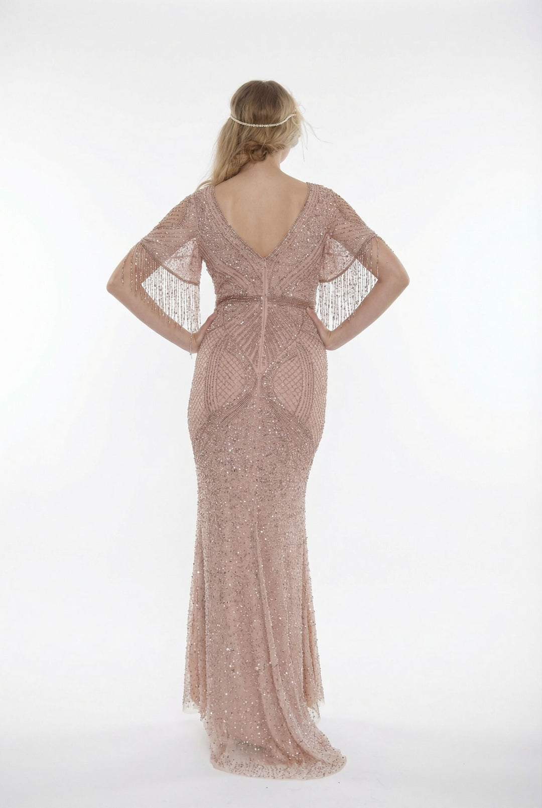 Hailey 1920s Maxi Beaded Wedding Dress in Blush  WardrobeShop