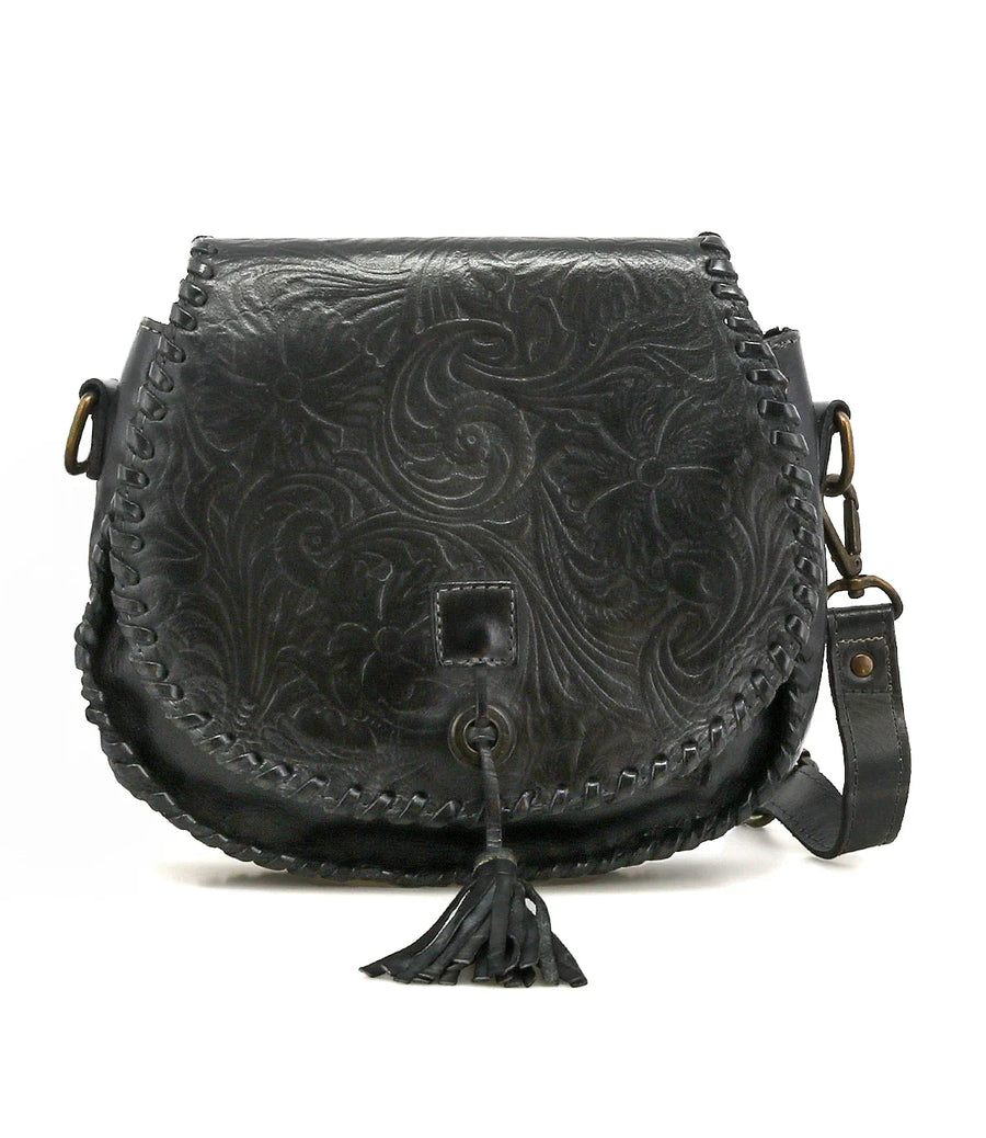 Half Moon Canyon Crossbody Bag in Black front view featuring floral embossed leather, whipstitch detailing, and tassel closure