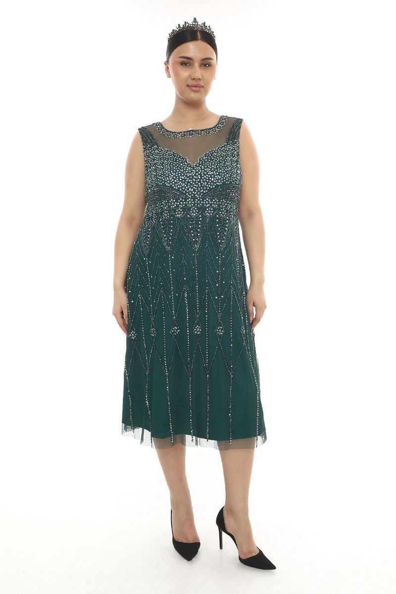 Hanine Wedding Guest Gatsby Dress in Green front view, embellished midi dress with glass beads, sequins, round neck sheer yoke and elegant Gatsby style