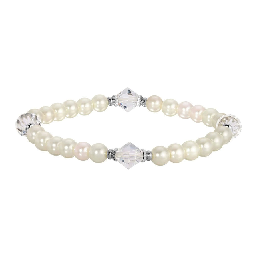 Product view of the Ivory Faux Pearl & Crystal Lantern Stretch Bracelet featuring ivory faux pearls, faceted crystal lantern beads, and an elegant stretch design perfect for wedding and western style outfits