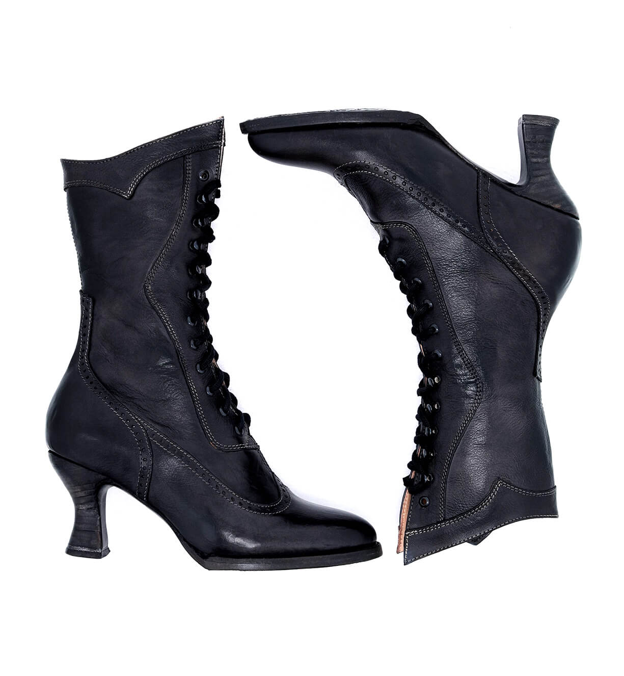 Modern Victorian Lace Up Leather Boots in Black Oak Tree Farms