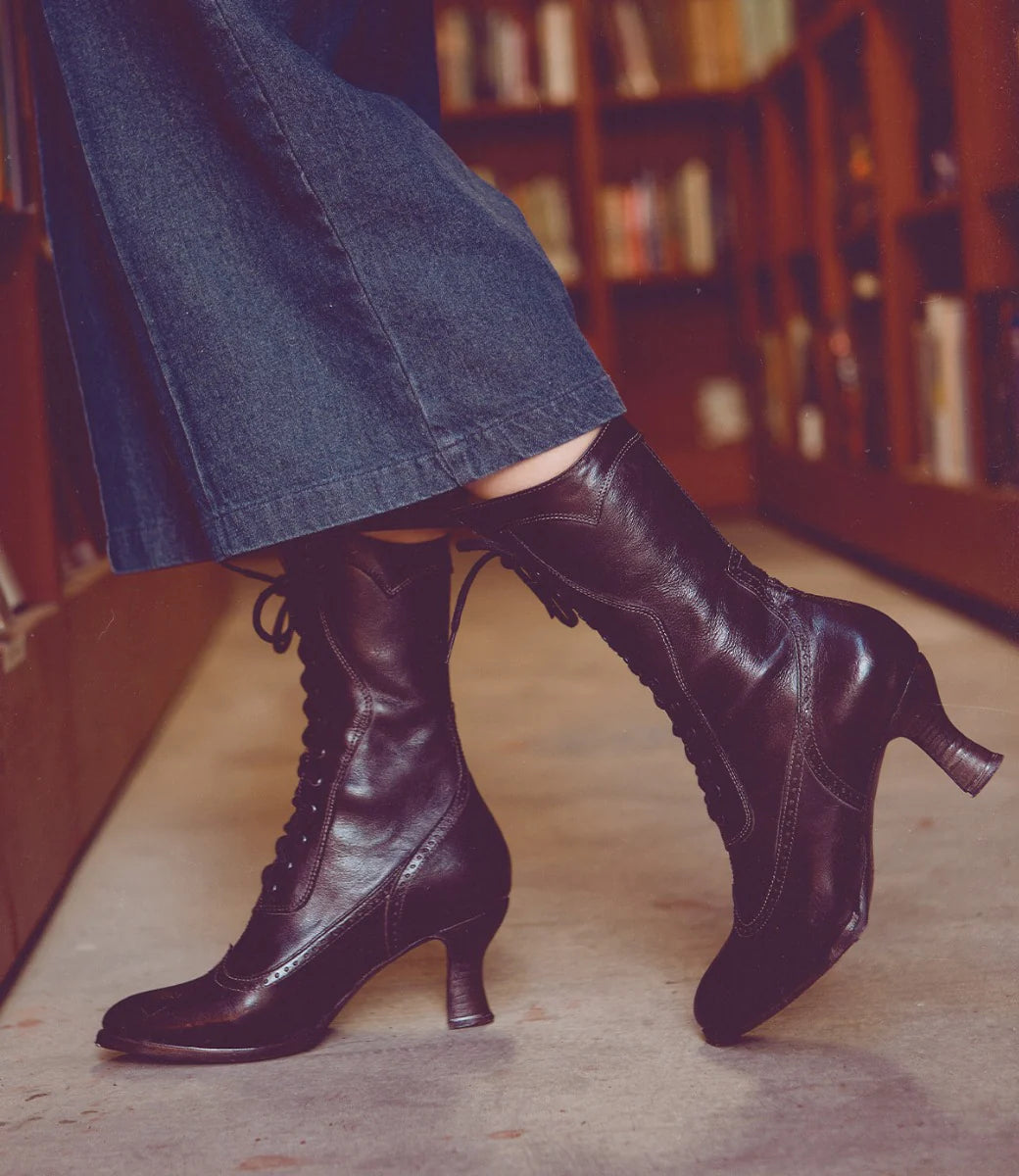 Modern Victorian Lace Up Leather Boots in Black Oak Tree Farms