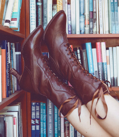 Modern Victorian Lace Up Leather Boots in Cognac Oak Tree Farms