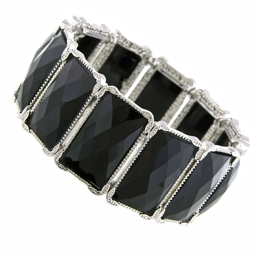 Jet black faceted rectangle stretch bracelet with vintage-inspired silver tone settings