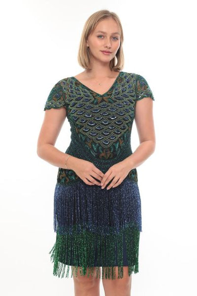 Leona Roaring 20s Peacock Fringe Cocktail Dress in Black Multi 1X / Black