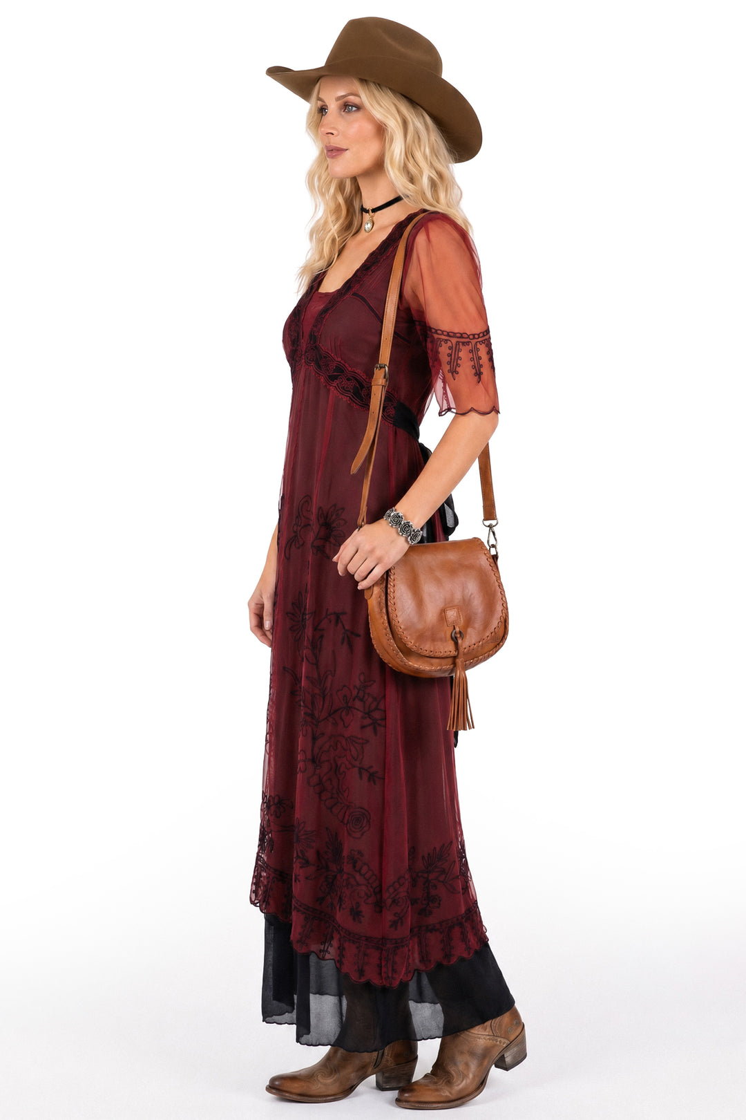 Loretta Wild Rose Western Wedding Guest Dress in Wine Black by Nataya S / Darkred