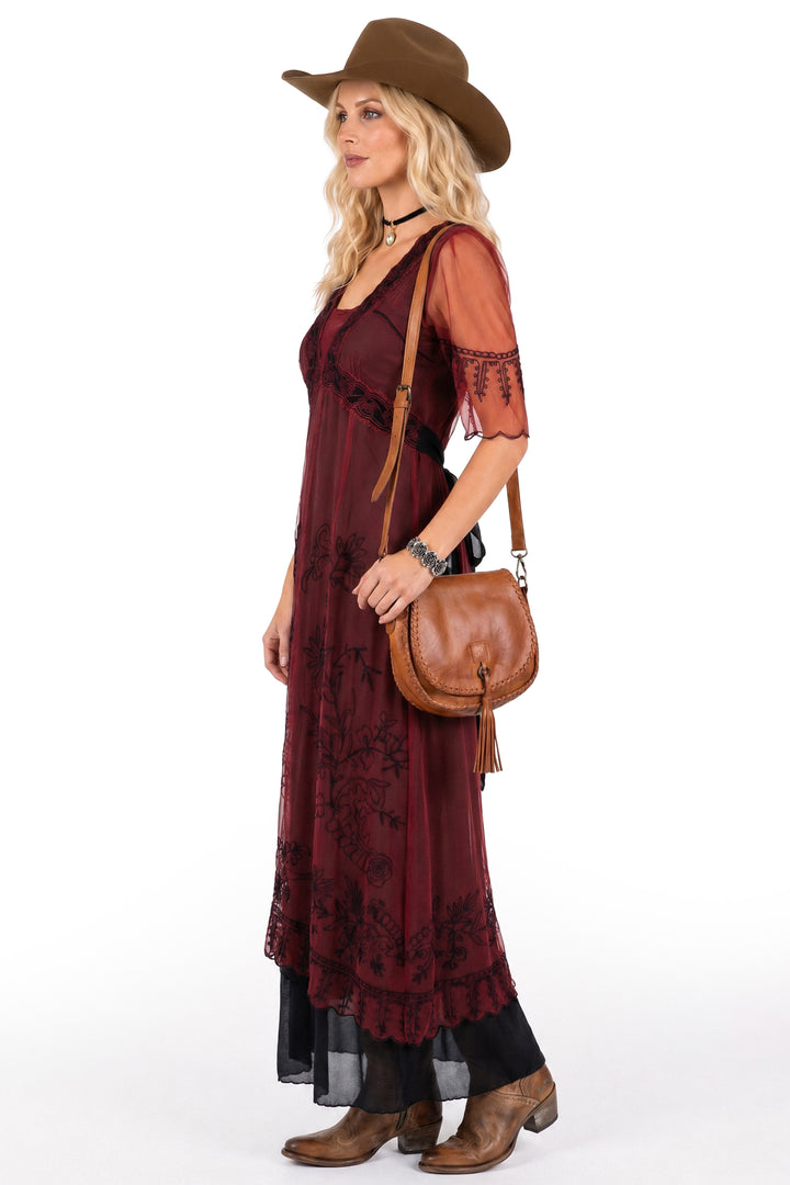 Loretta Wild Rose Western Wedding Guest Dress in Wine Black by Nataya –  WardrobeShop