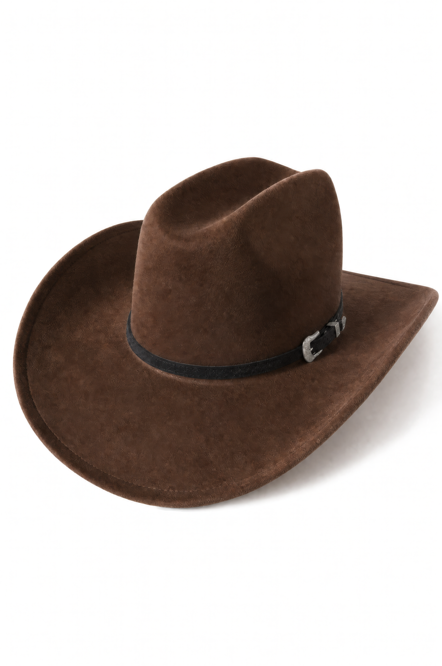 Maverick Western Cattleman Hat in Dark Brown with black hatband and silver buckle, angled front view