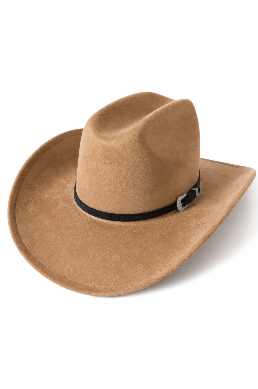 Maverick Western Cattleman Hat in Tan with black hatband and silver buckle, angled front view