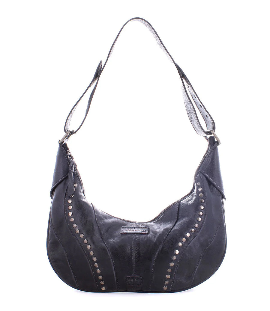 Front view of Megara Western Boho Leather Hobo Bag in Black with decorative stud trim, adjustable strap, and classic boho leather handbag design for country-inspired outfits