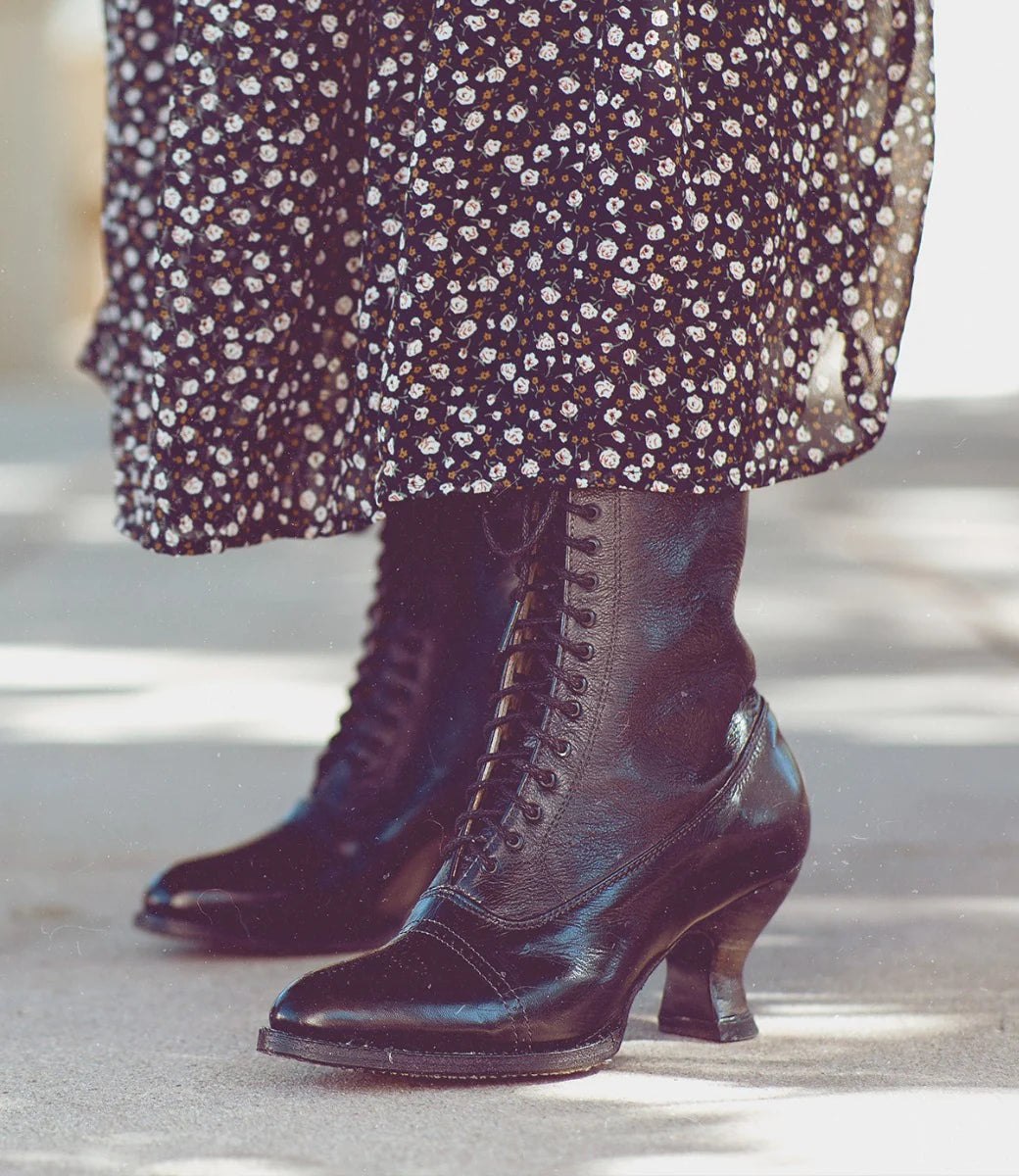 Mirabelle Victorian Mid-Calf Leather Boots in Black Rustic