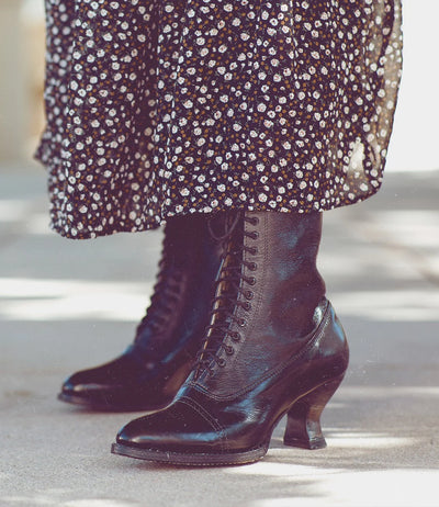 Mirabelle Victorian Mid-Calf Leather Boots in Black Rustic