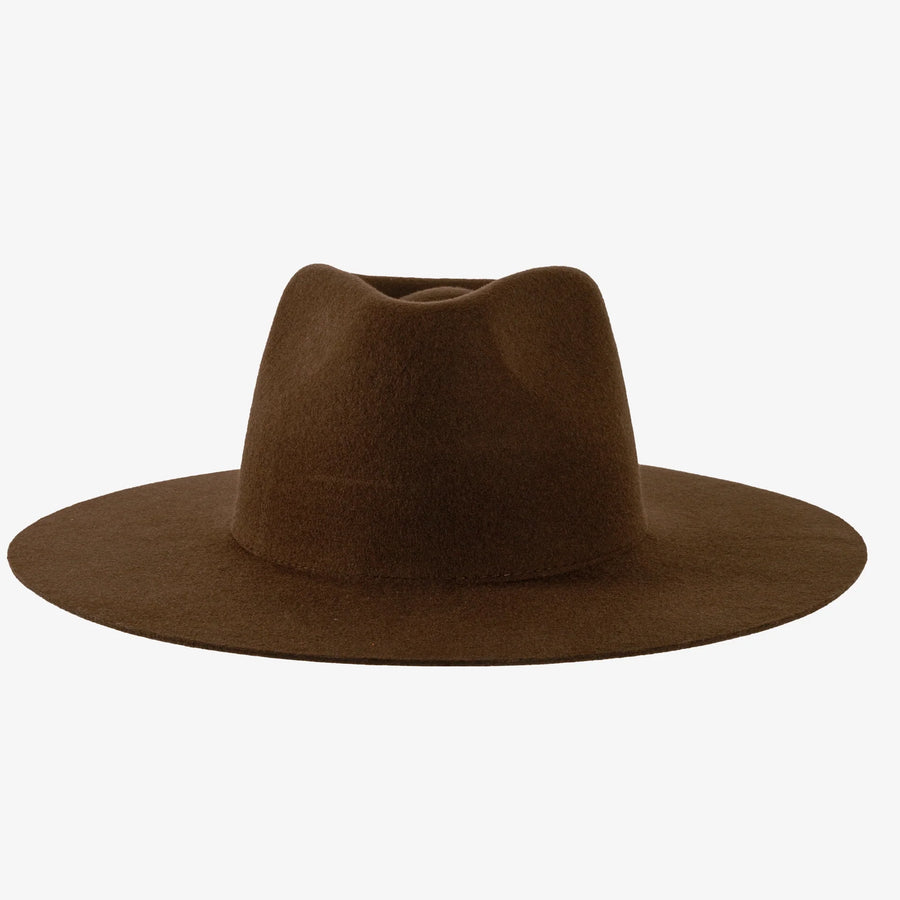 Front view of the Rancher Womens Wide Brim Felt Fedora Hat in Brown highlighting the structured fedora crown and wide brim for a chic country-inspired look