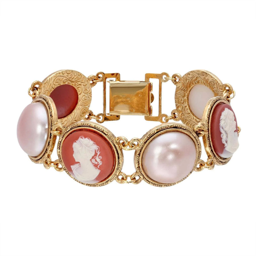 Rosabella Victorian Cameo & Pearl Link Bracelet front view featuring carved ivory cameo medallions, blush faux pearls, and intricate gold-tone link construction with classic Victorian charm
