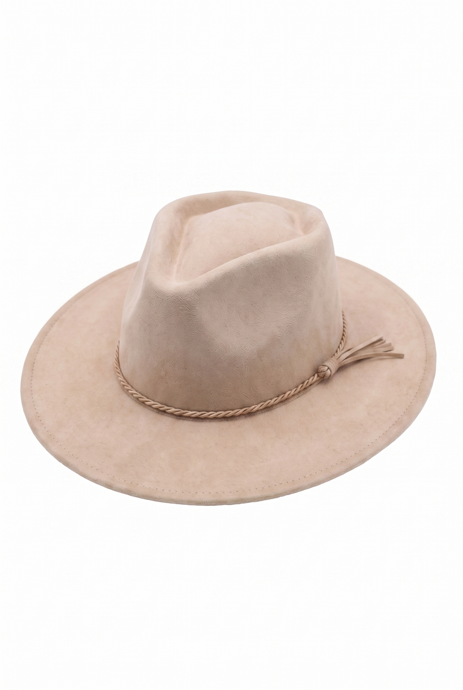 Sierra Wide Brim Rancher Hat in Light Beige with braided band and wide brim, angled front view