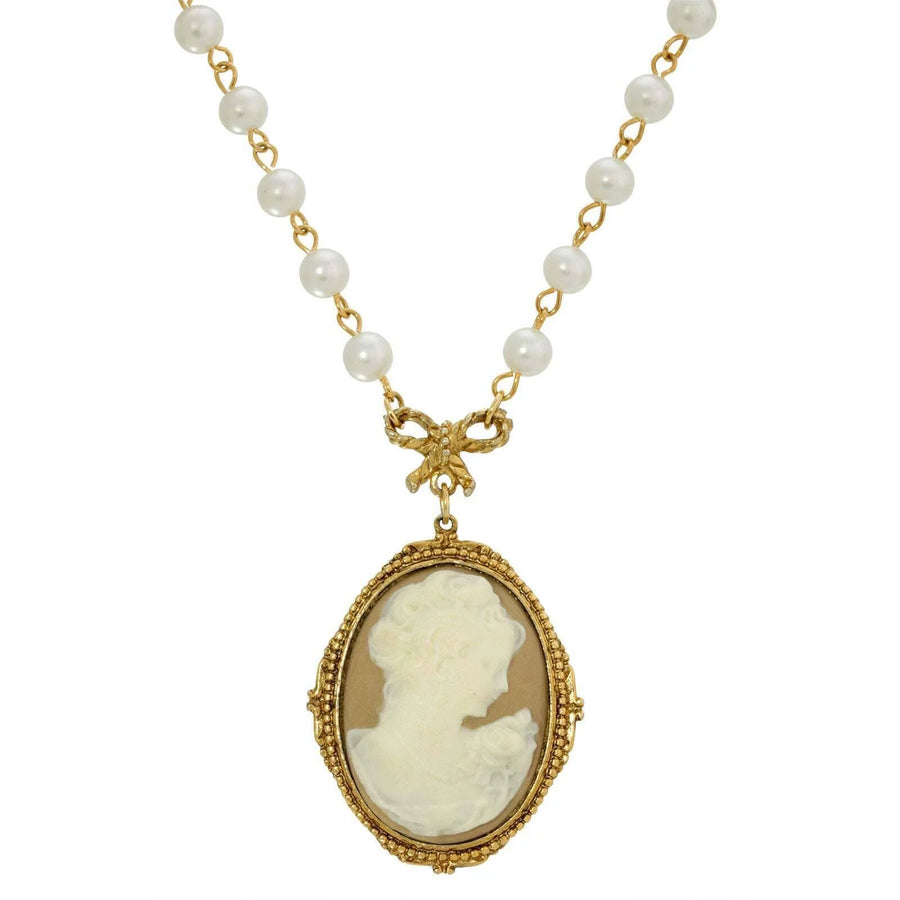 Victorian Cameo Pearl Pendant Necklace featuring an elegant ivory cameo silhouette pendant, faux pearl strand chain, and ornate gold-tone frame with romantic vintage Victorian style