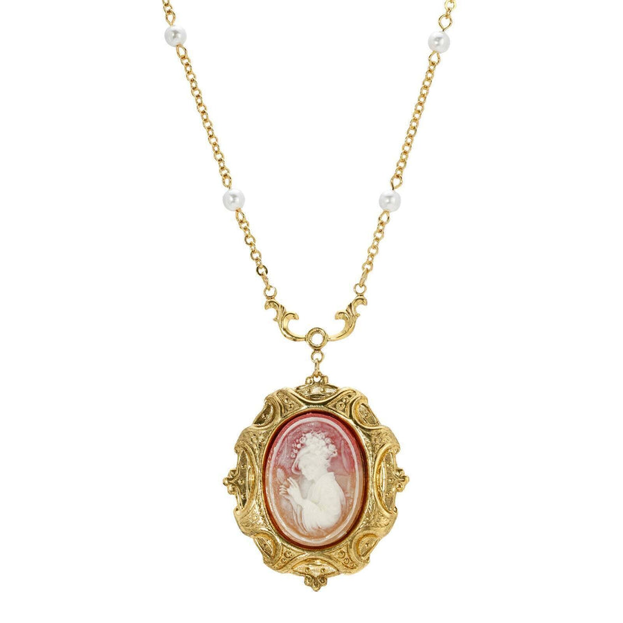 Victorian Reflections Cameo & Pearl Pendant Necklace front view featuring a carved cameo centerpiece in an ornate gold-tone frame with delicate faux pearl chain accents and heirloom-inspired Victorian style